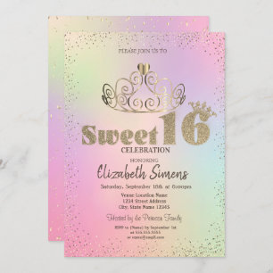 Invitation Gold Tiara Confetti Princesse Holographique Sweet 