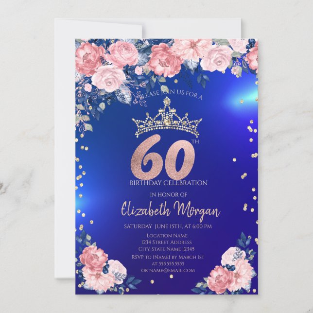 Invitation Gold Tiara Diamonds Fleurs Bleu 60e anniversaire (Devant)