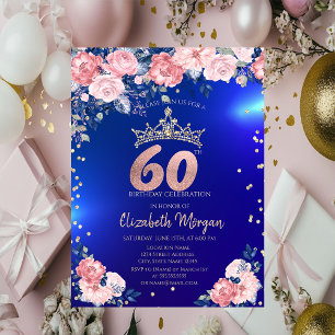 Invitation Gold Tiara Diamonds Fleurs Bleu 60e anniversaire