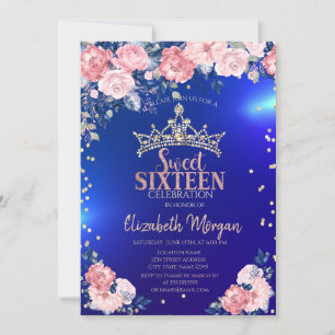 Invitation Gold Tiara Diamonds Fleurs Blue Sweet 16