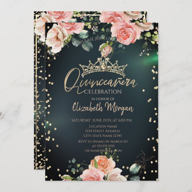 Invitation Gold Tiara Diamonds Roses Green Quinceañera (Devant / Derrière)