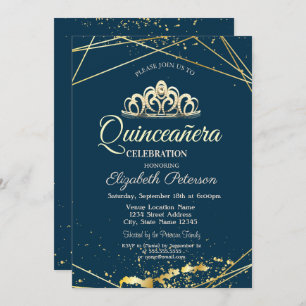 Invitation Gold Tiara, Navy Blue Quinceañera