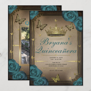 Invitation Gold Tiara Papillons Roses Turquoises Quinceañera