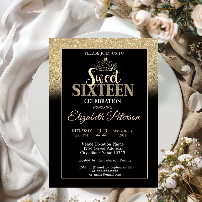 Invitation Gold Tiara Parties scintillant Bokeh Ombre Sweet 1 (Créateur téléchargé)