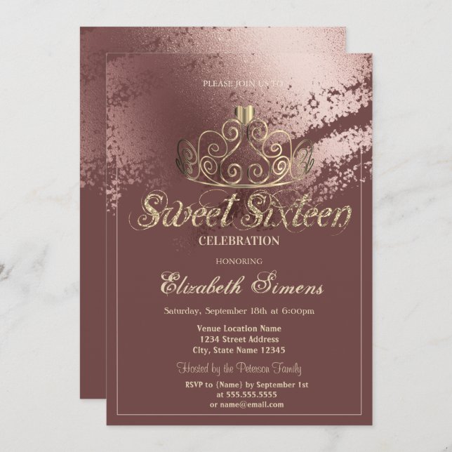 Invitation Gold Tiara Rose Gold Brush Stroke Sweet 16 (Devant / Derrière)