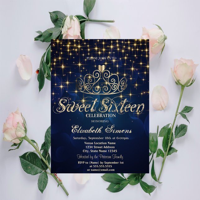 Invitation Gold Tiara Stars Princess Navy Blue Sweet 16 (Créateur téléchargé)