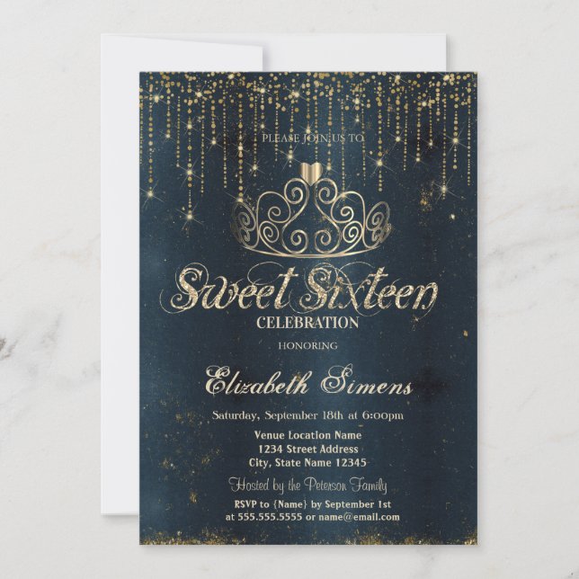 Invitation Gold Tiara String Lights Blue Princess Sweet 16 (Devant)