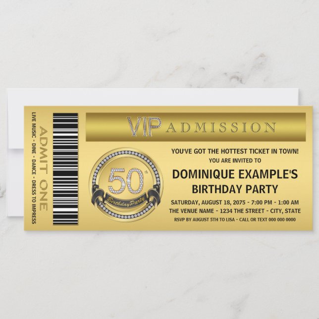 Invitation Gold Ticket VIP 50th Birthday Party (Devant)