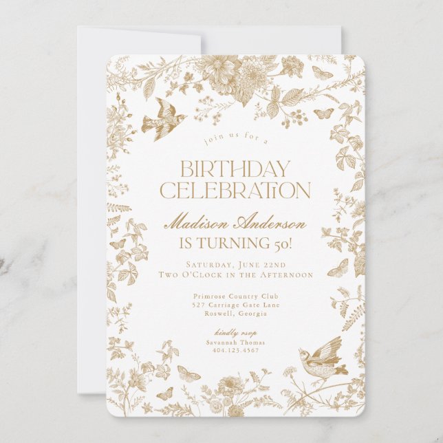 Invitation Gold Toile De Jouy French Floral Anniversaire (Devant)