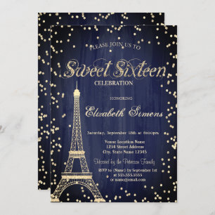 Invitation Gold Tour Eiffel Diamants Marine Blue Sweet 16