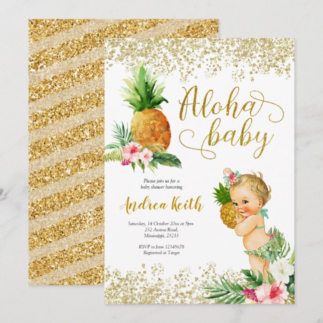 Invitation Gold Tropical Ananas Girl Blonde Baby shower dans (Devant / Derrière)