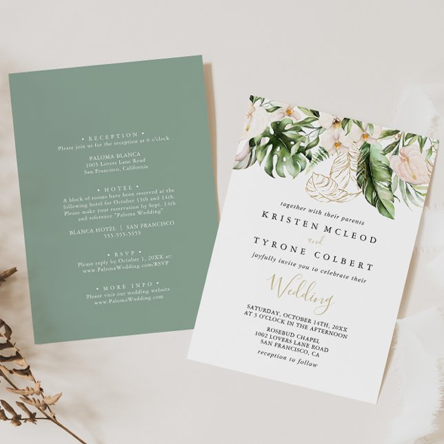 Invitation Gold Tropical Foliage Floral Mariage avant et arri (Créateur téléchargé)