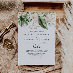 Invitation Gold Tropical Foliage Floral Mariage espagnol