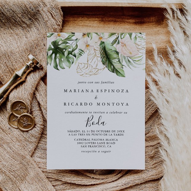 Invitation Gold Tropical Foliage Floral Mariage espagnol (Créateur téléchargé)
