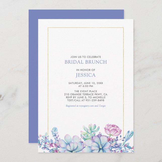 Invitation Gold & Tropical Succulents Bridal Brunch Douche da (Devant / Derrière)