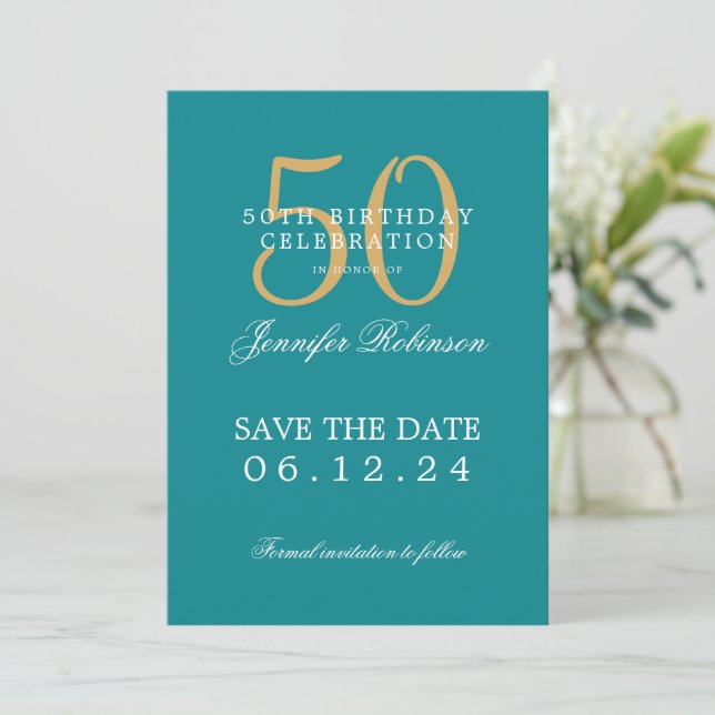 Invitation Gold Turquoise 50e anniversaire Enregistrer la dat (Debout devant)