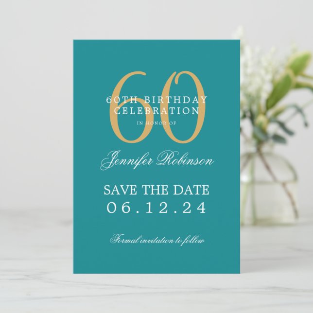 Invitation Gold Turquoise 60e anniversaire Date de sauvegarde (Debout devant)
