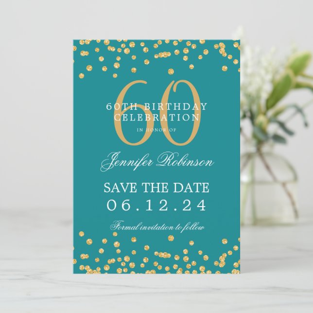 Invitation Gold Turquoise 60e anniversaire Enregistrer la dat (Debout devant)