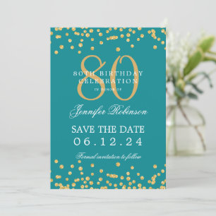 Invitation Gold Turquoise 80th Birthday Enregistrer la date D