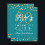 Invitation Gold Turquoise 90th Birthday Save Date Confetti<br><div class="desc">Elégant design "90e anniversaire fête" avec Gold Faux Parties scintillant Confetti Turquoise et personnalisé nom et détails texte. Facile à utiliser et facile à personnaliser. Commandez aujourd'hui !</div>