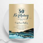 Invitation Gold Turquoise Agate 50e anniversaire<br><div class="desc">Turquoise et or agate 50e anniversaire invitation de fête. Design élégant et moderne avec aquarelle agate marbre arrière - plan,  fausse parties scintillant or et typographie script de police. Carte invitation branchée parfaite pour une célébration anniversaire féminine élégante. Invitations Zazzle imprimées ou téléchargement instantané modèle imprimable numérique.</div>