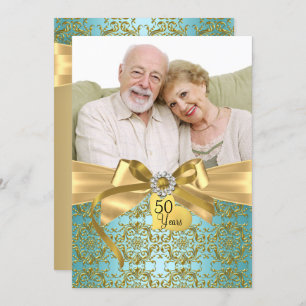 Invitation Gold Turquoise Damask & Bow Photo 50e anniversaire