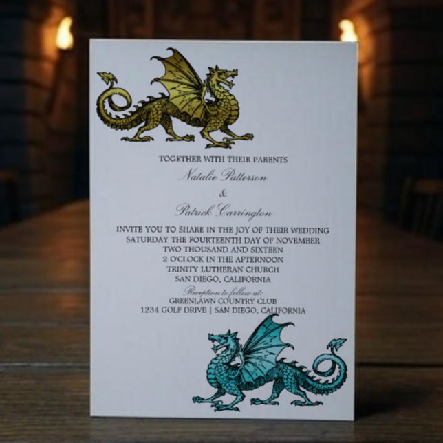 Invitation Gold Turquoise Dragon Wedding (Gold Teal Medieval Dragon Wedding Invite)