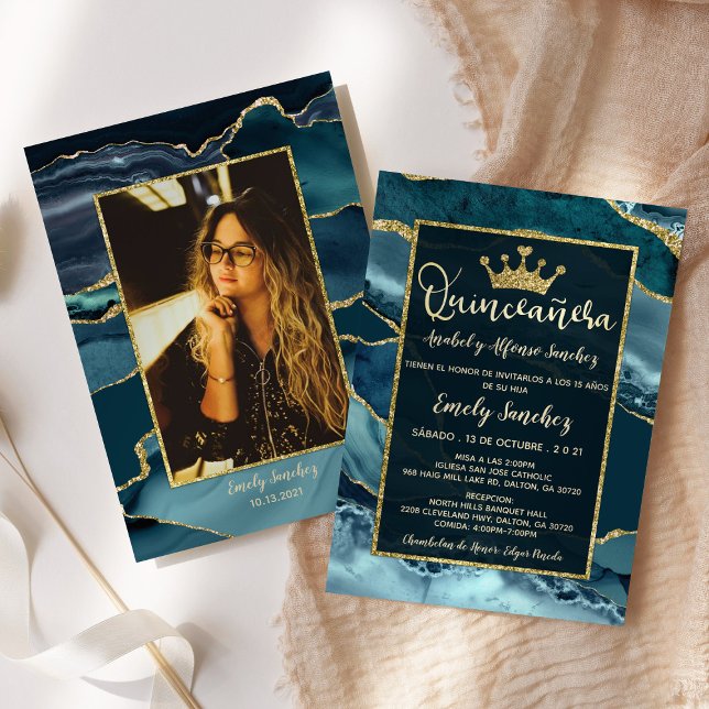 Invitation Gold Turquoise Mint Agate Quinceanera Photo Espagn (Créateur téléchargé)