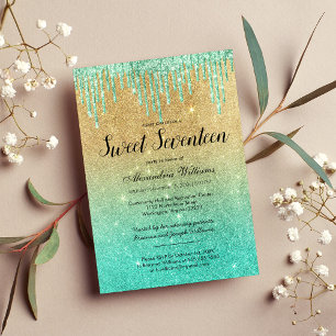 Invitation Gold turquoise ombre gouttes de parties scintillan