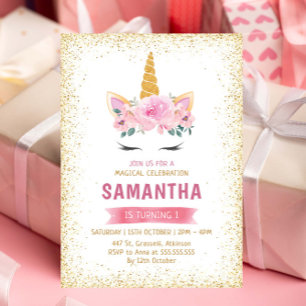 Invitation Gold Turquoise rose Fleurs Magique Unicorne Annive