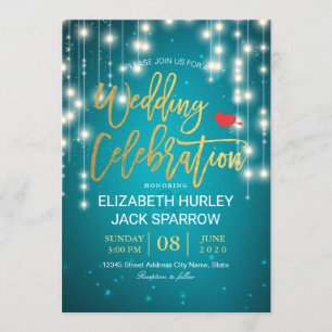 Invitation Gold & Turquoise String Lights Mariage Celebration