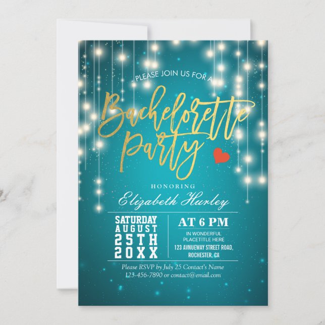 Invitation Gold Turquoise String Lumières Bachelorette Party (Devant)