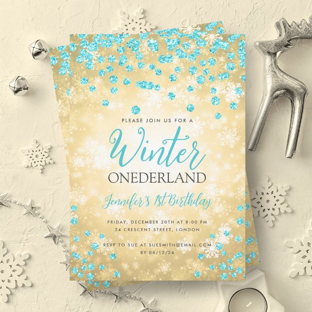 Invitation Gold Turquoise Winter ONEDERLAND 1er anniversaire (Gold Turquoise Winter ONEDERLAND 1st Birthday Invitation)
