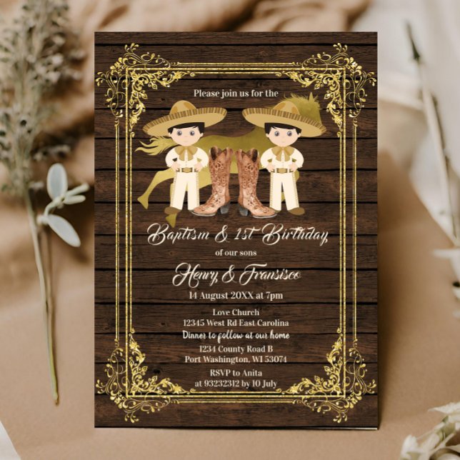 Invitation Gold Twin Boy Baptême et Anniversaire Bois rustiqu (Créateur téléchargé)