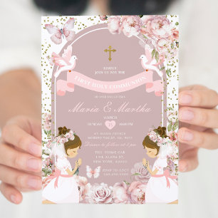 Invitation Gold TWIN Girl priant première sainte communion fl