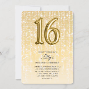 Invitation Gold Twinkle Lights et Foil Balloon 16e anniversai