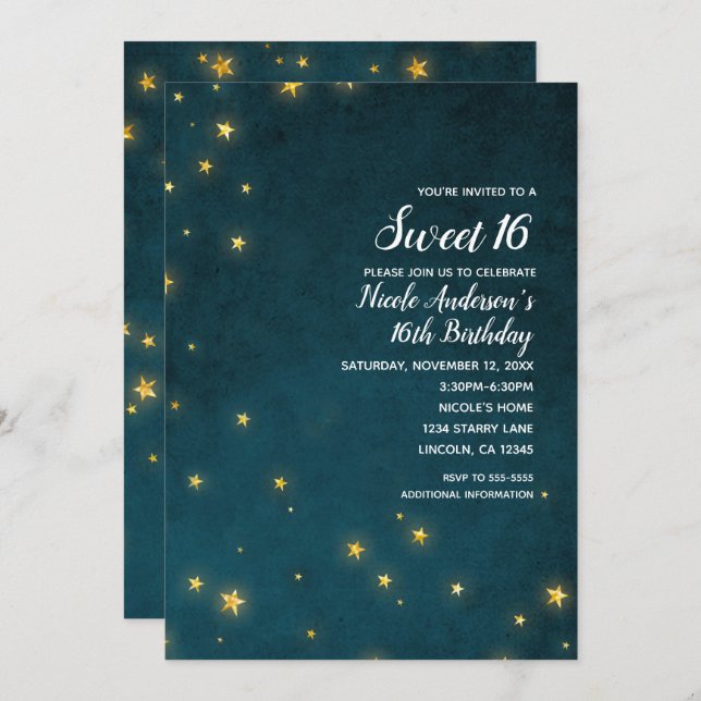 Invitation Gold Twinkle Stars Celestial Sky Sweet 16 Party (Devant / Derrière)