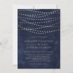 Invitation Gold Twinkle String Lights Aquarelle Mariage bleu