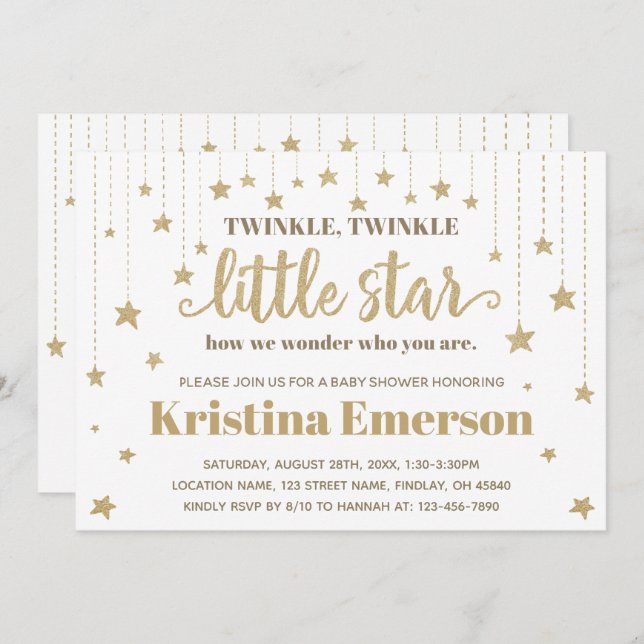 Invitation Gold Twinkle Twinkle Little Star Baby shower (Devant / Derrière)