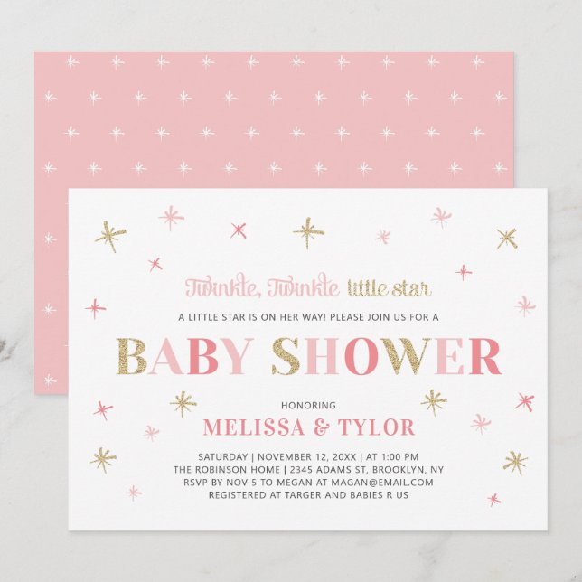 Invitation Gold Twinkle Twinkle Little Star Girl Baby shower (Devant / Derrière)