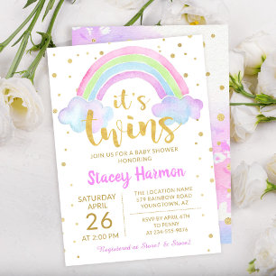 Invitation Gold Twins Pastel Aquarelle Baby shower arc-en-cie