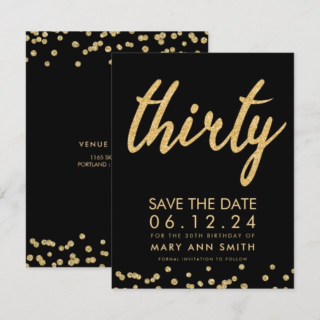 Invitation Gold Type 30th Birthday Save Date Confetti (Devant / Derrière)