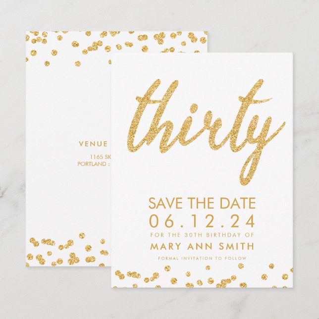 Invitation Gold Type 30th Birthday Save Date Confetti (Devant / Derrière)