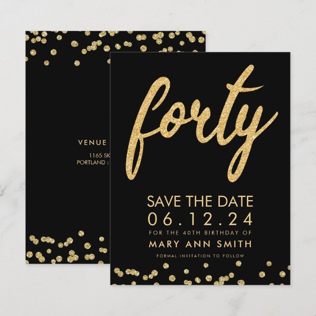 Invitation Gold Type 40th Birthday Save Date Confetti (Devant / Derrière)