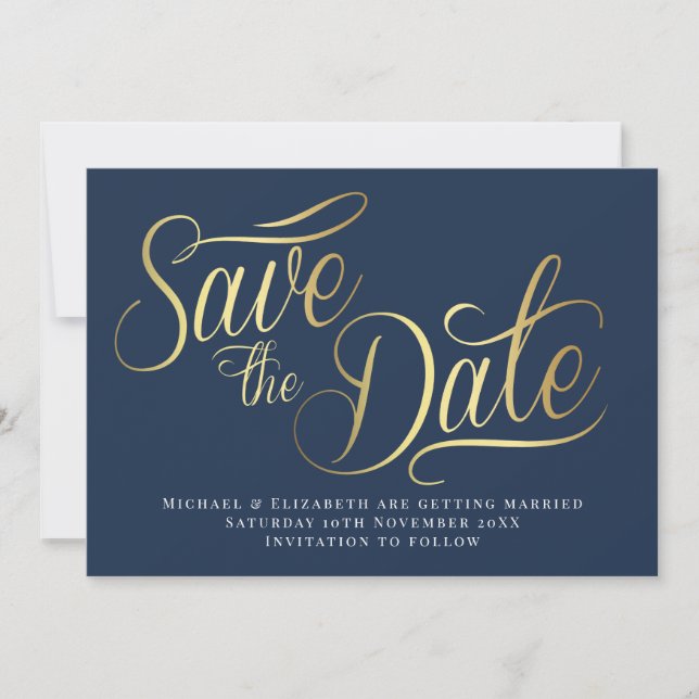 Invitation Gold Typo Modern Blue Save The Date Card (Devant)