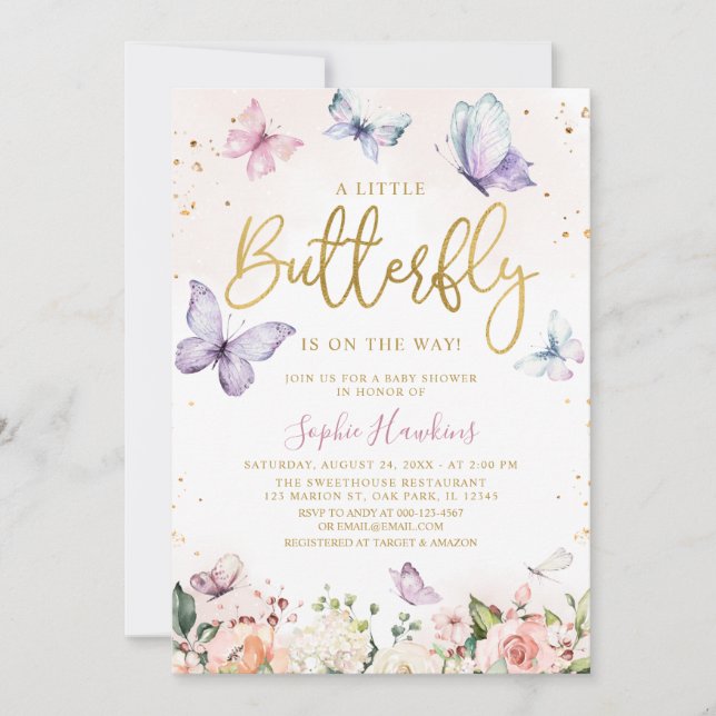 Invitation Gold Un Petit Papillon Est En Chemin Baby shower (Devant)