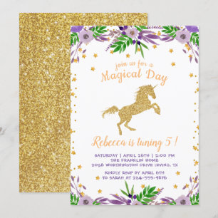 Invitation Gold Unicorn Aquarelle Florale fête d'anniversaire