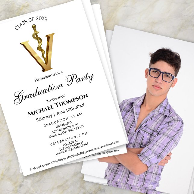 Invitation Gold Veterinary Caduceus Graduation Party | Photo (Créateur téléchargé)