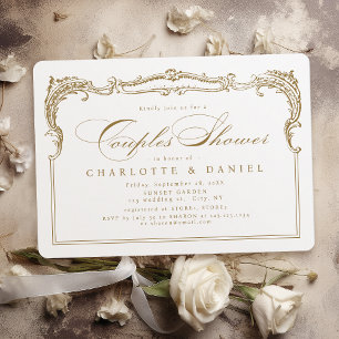 Invitation Gold Vintage Cadre Classic Script Couples Douche