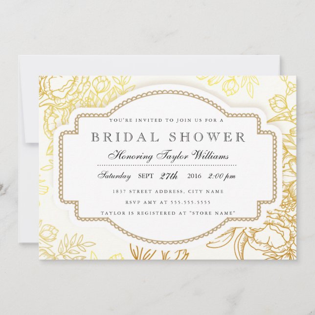 Invitation Gold Vintage Floral Douche nuptiale (Devant)